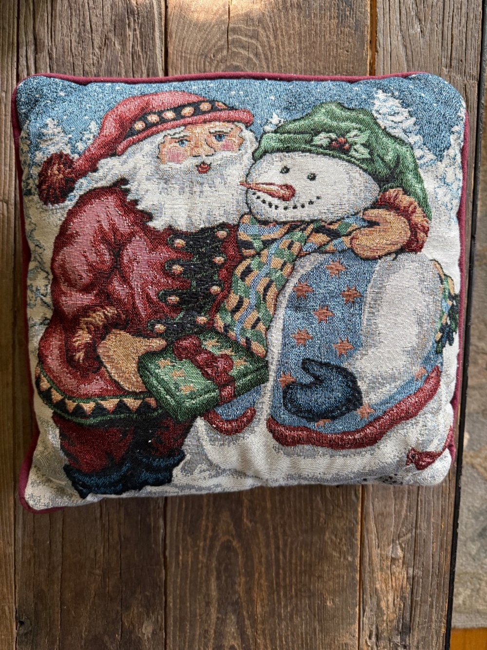 Vintage Woven Tapestry Christmas Accent Pillow featuring Santa Claus + a snowman